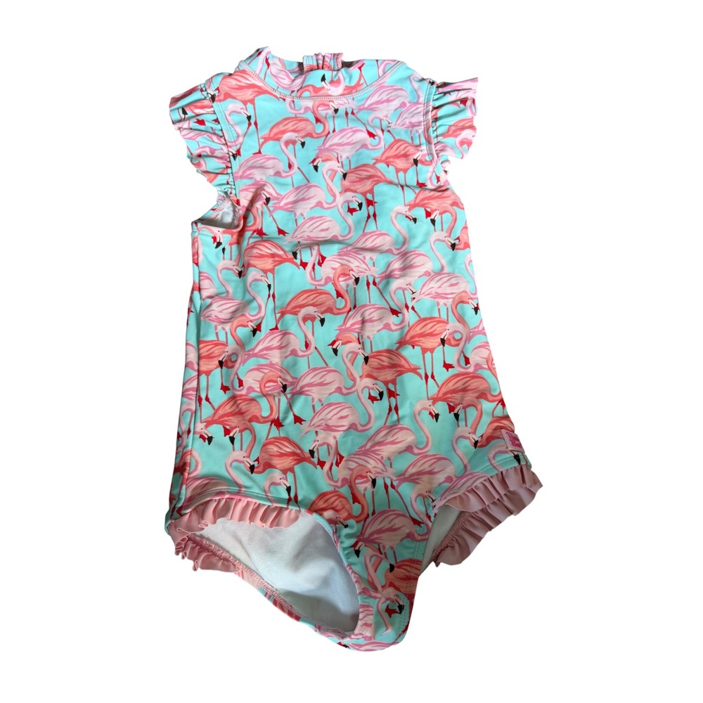 Ruffle Butts flamingo pink and blue print one piece swimsuit